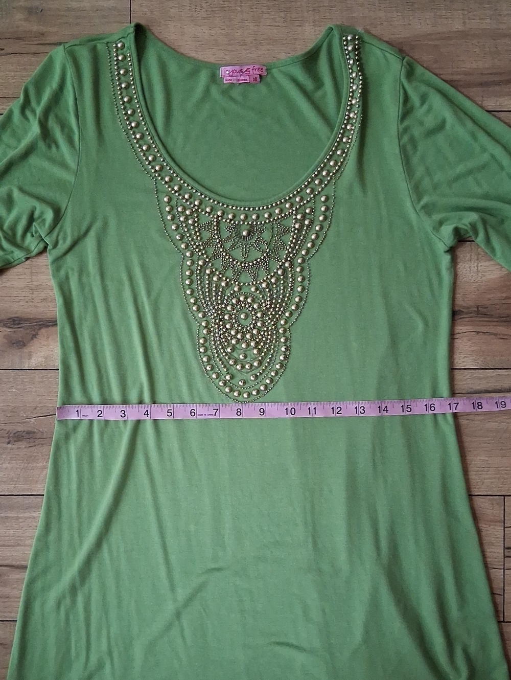 Women's Embellished Beaded Scoop Neck Tunic Summer Dress Olive Green Gold Medium - Picture 16 of 16